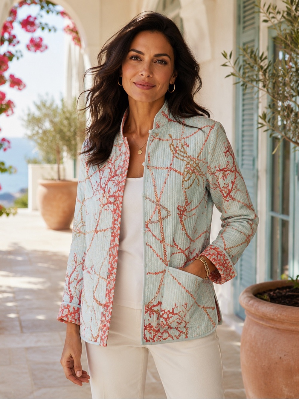 J. McLaughlin Reversible Quilted Light Blue Coral-Print Quilted Blazer - Size S